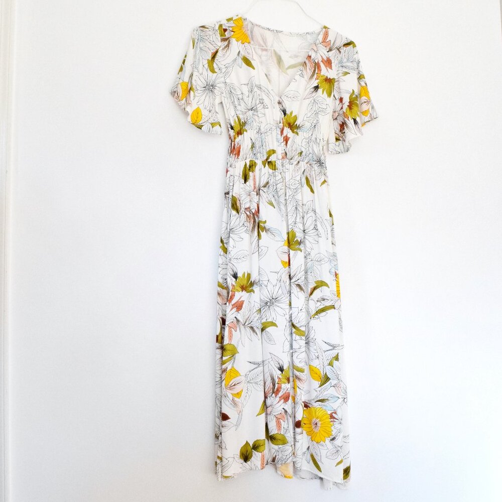 White Tropical Floral Hibiscus Jungle Print Flowy Summer Maxi Dress | Size XS